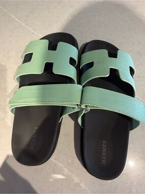 Hermès Leather H-Strap Sandals in Mint Green and Black